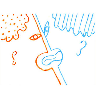 Pastel gras, palabre, discussion, hommes, dessin symbolique, orange, bleu